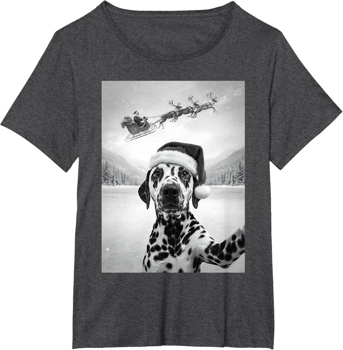 Funny Dalmatian Christmas Selfie Santa Sleigh Dog Owner T-Shirt - Dark Heather Grey