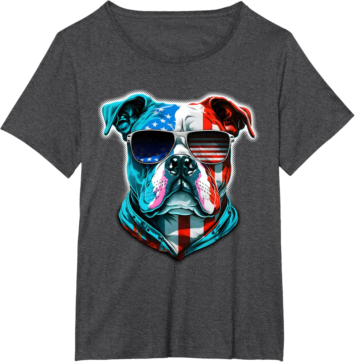Bulldog Dog American Flag Sunglasses - Red/White/Blue T-Shirt - Dark Heather Grey