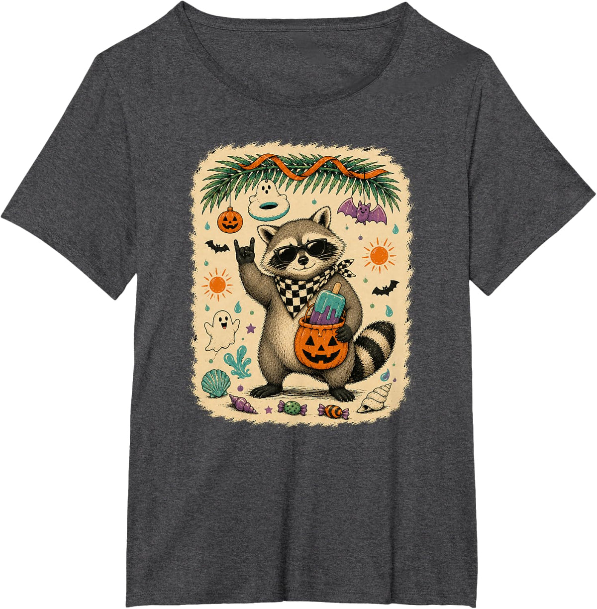 Rocker Raccoon Summerween Funny Trash Panda Spooky Beach T-Shirt - Dark Heather Grey