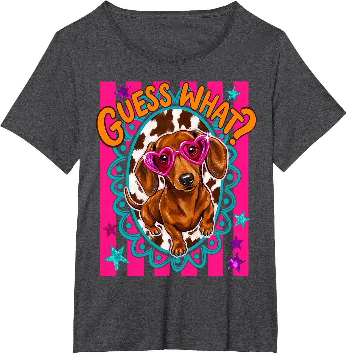 (2 Sided) Guess What Wiener Butt Preppy Funny Dachshund Dog T-Shirt - Dark Heather Grey