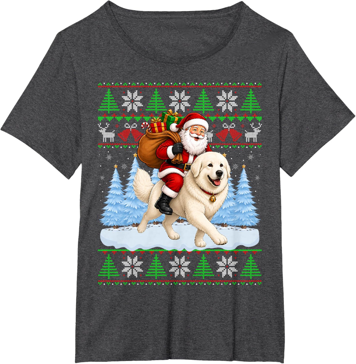 Ugly Xmas Funny Santa Riding Great Pyrenees Dog Christmas T-Shirt - Dark Heather Grey