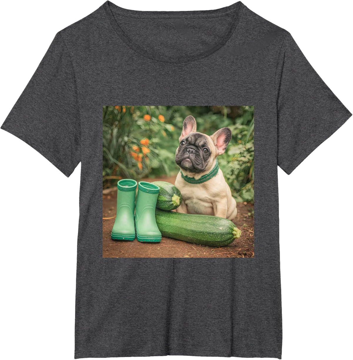 French Bulldog Garden Zucchini Green Boots T-Shirt - Dark Heather Grey
