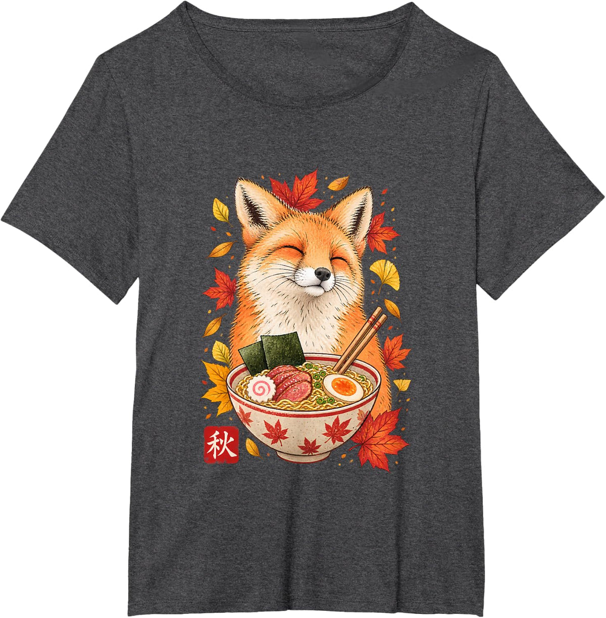 Cute Fox Eating Ramen Autumn Japanese Animal Fox Lover T-Shirt - Dark Heather Grey