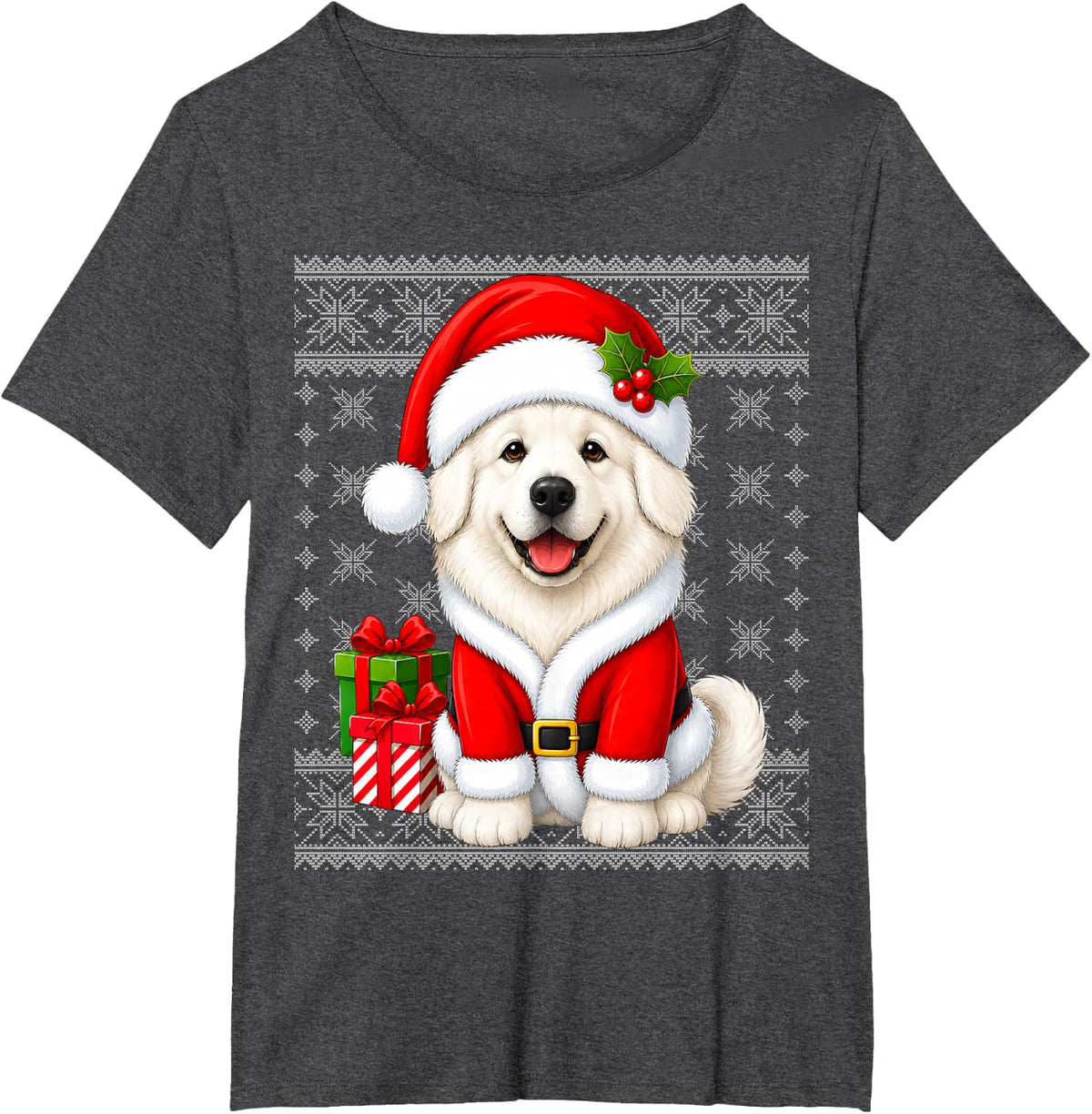 Great Pyrenees Dog in Christmas Santa Costume Ugly Xmas T-Shirt - Dark Heather Grey