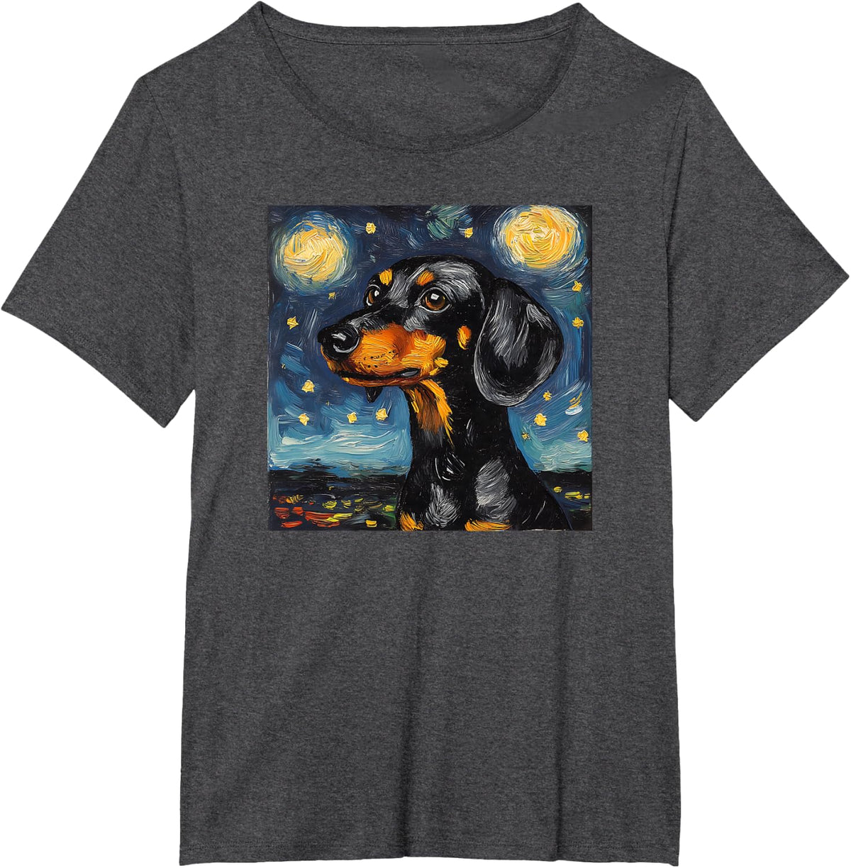 Cute Black and Tan Dachshund Starry Night Dog Art T-Shirt Tee for Dog Lovers - Dark Heather Grey