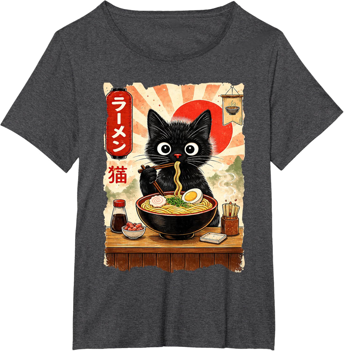 Anime Cat Ramen Japanese Funny Cat Graphic Tees Anime Gifts T-Shirt - Dark Heather Grey