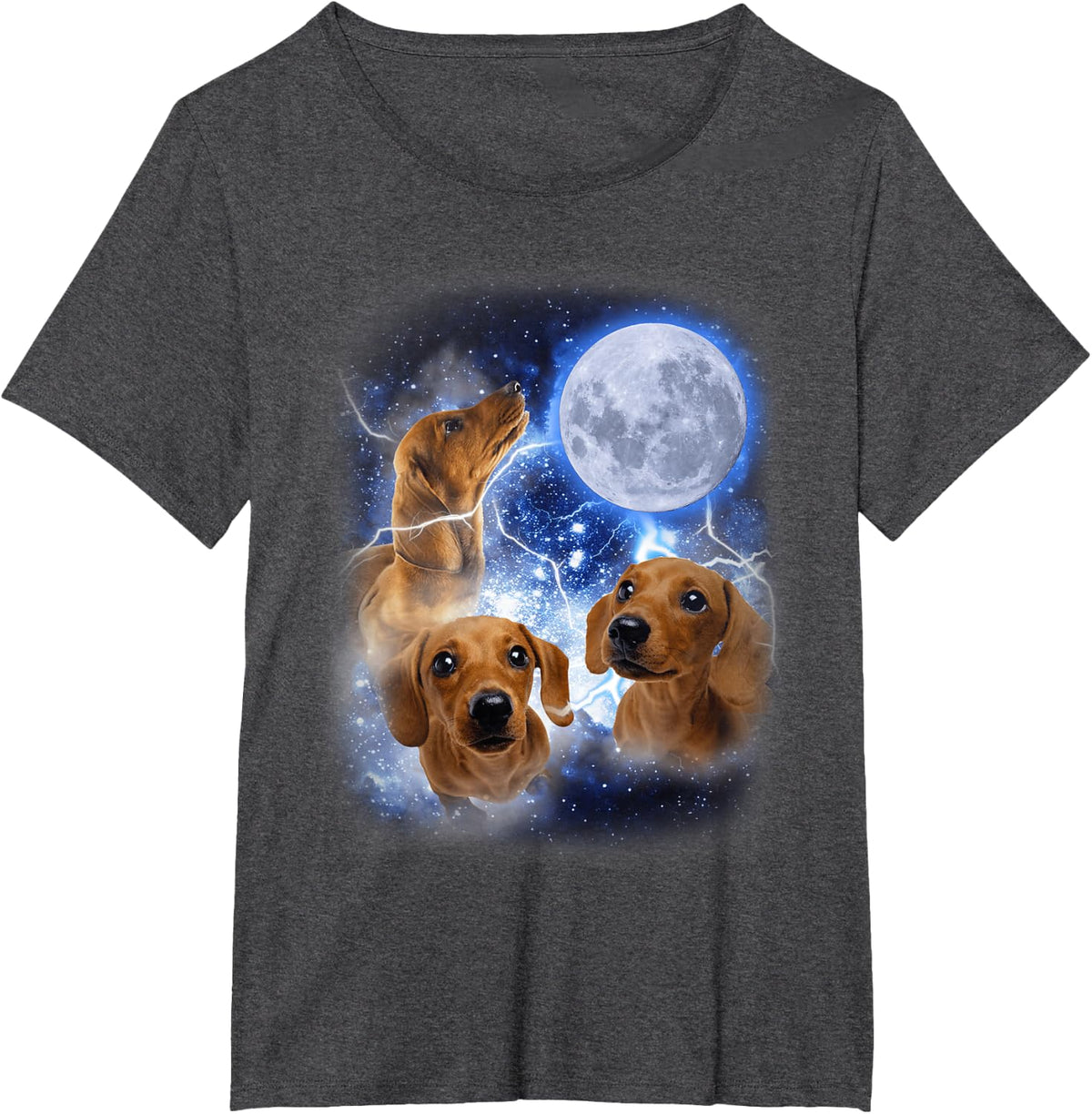 Three Dachshund Moon - Wiener Dog Humorous Doggo Meme Parody T-Shirt - Dark Heather Grey