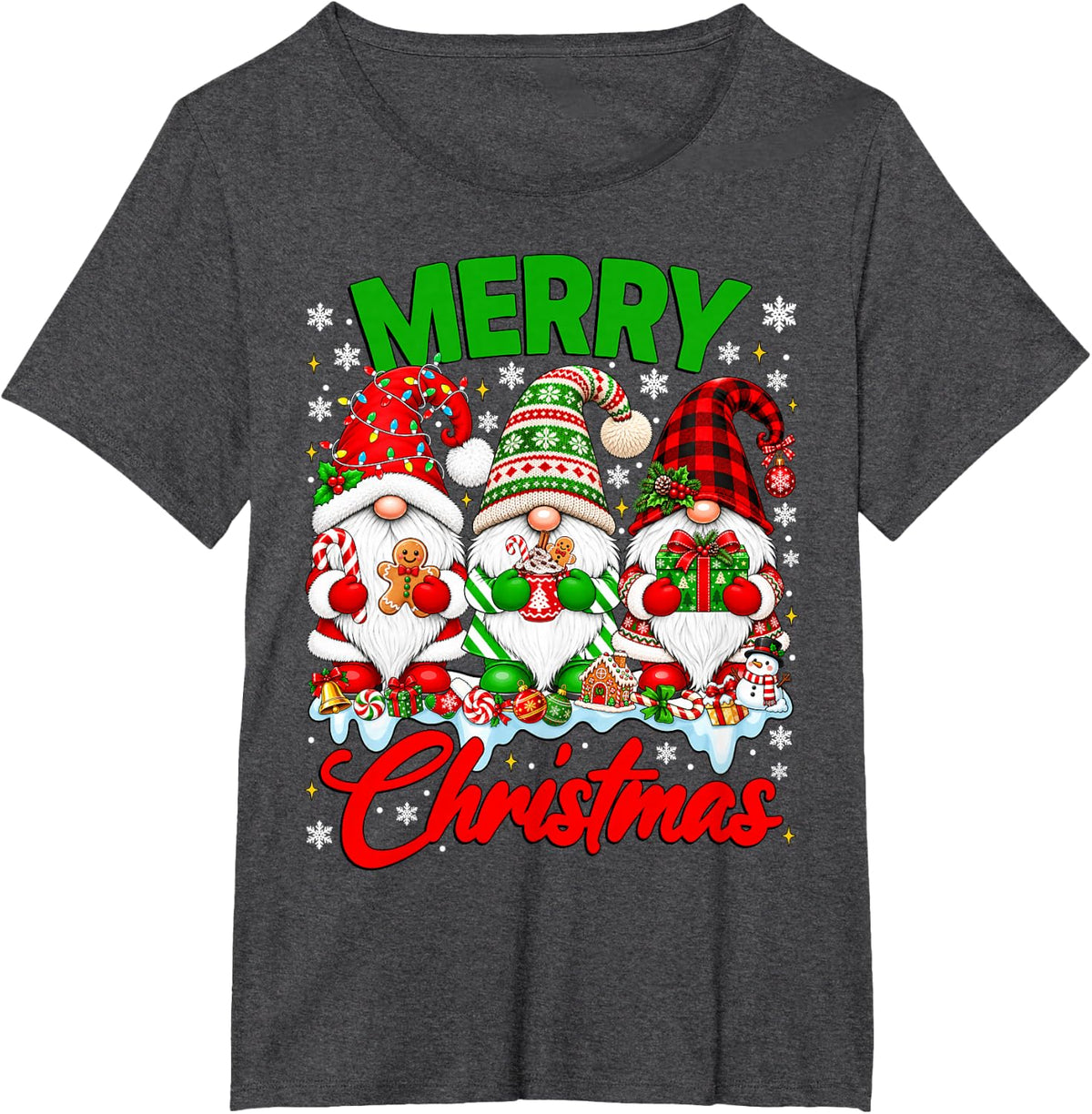 Three Christmas Gnomes Buffalo Plaid Red Merry Xmas Family T-Shirt - Dark Heather Grey