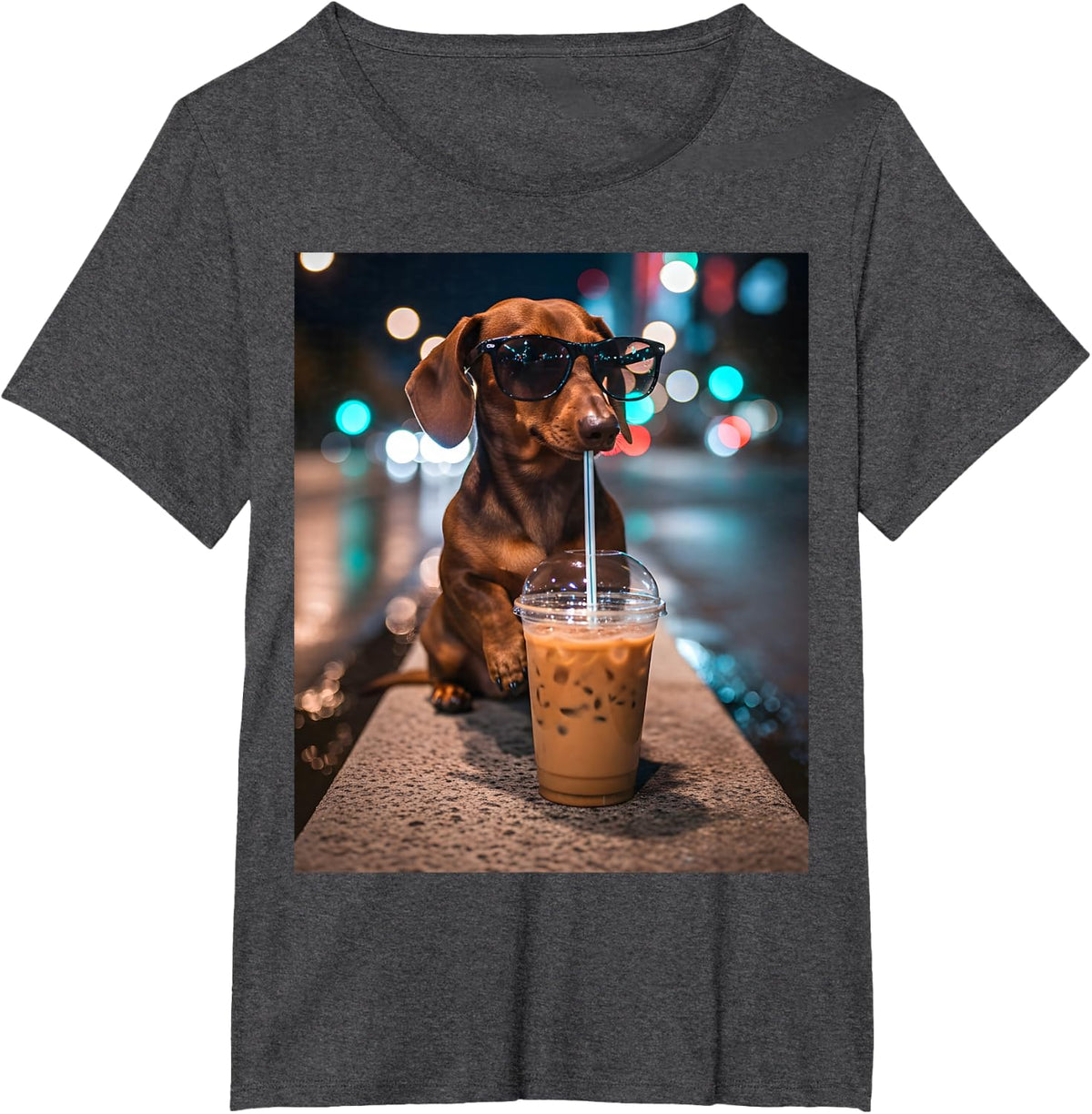 Cool Dachshund Drinking Iced Coffee Funny Wiener Dog T-Shirt - Dark Heather Grey