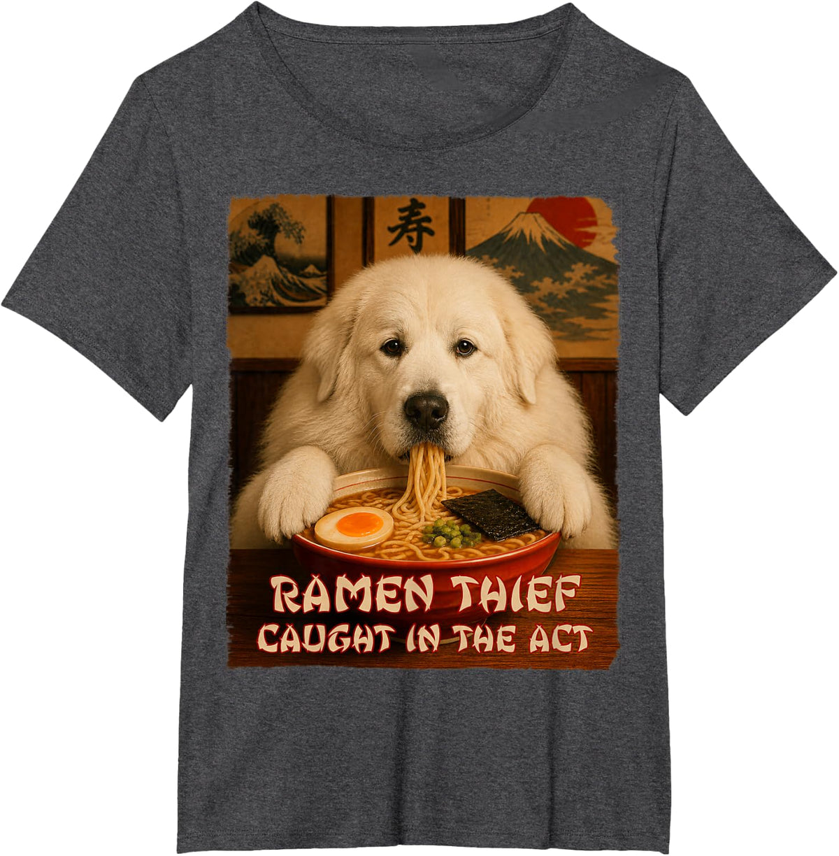 Funny Dog Tee - Great Pyrenees - Ramen Dog Thief T-Shirt - Dark Heather Grey