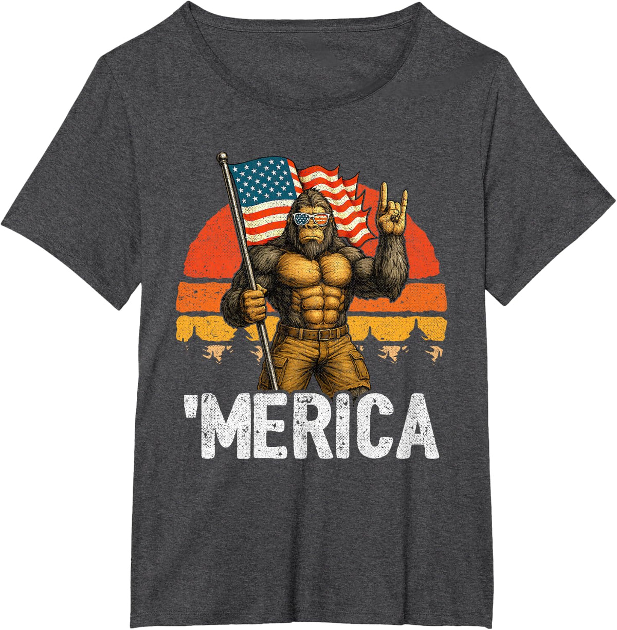 Bigfoot Merica American Flag - Funny Patriotic 4th of July T-Shirt - Dark Heather Grey