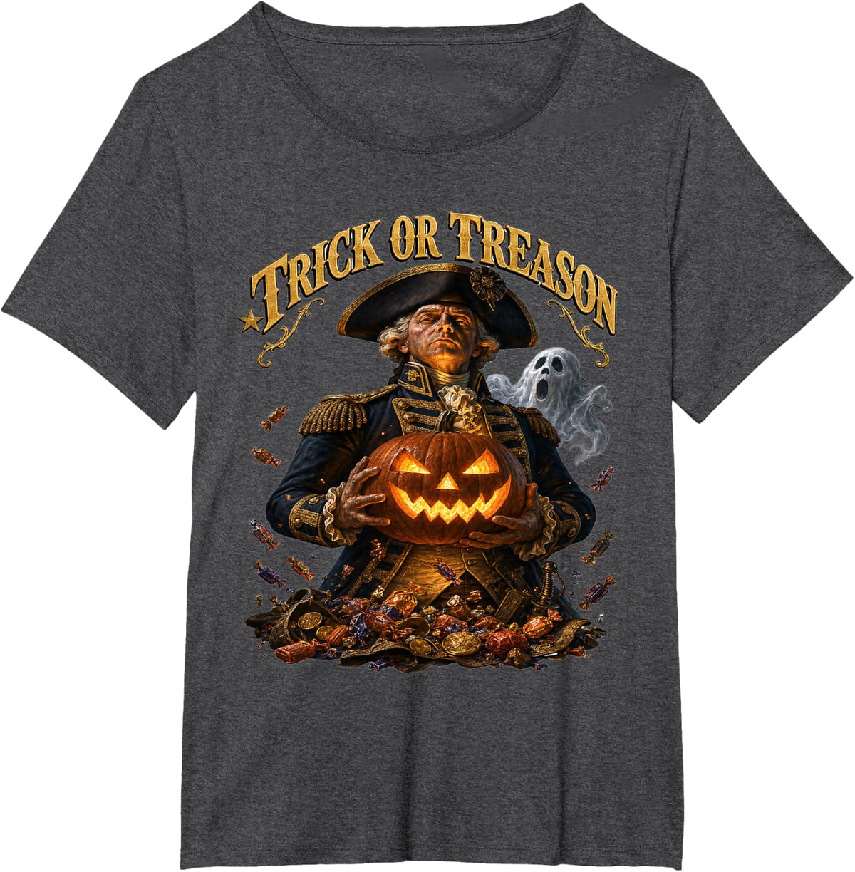 Trick Or Treason Funny Halloween American History Patriotic T-Shirt - Dark Heather Grey