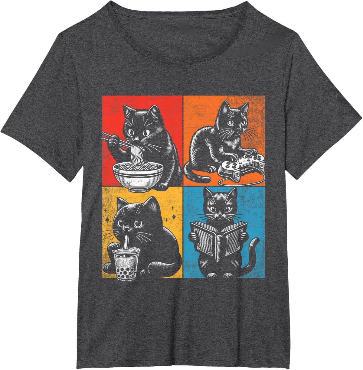 Funny Cat Ramen Boba Gaming And Reading Books Lover. Anime T-Shirt - Dark Heather Grey