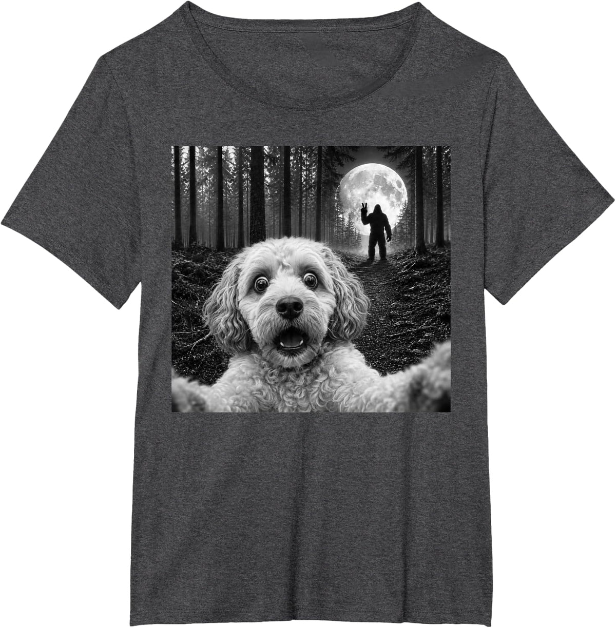 Cavapoo Selfie with Bigfoot Peace Sign Doodle Dog Sasquatch T-Shirt - Dark Heather Grey