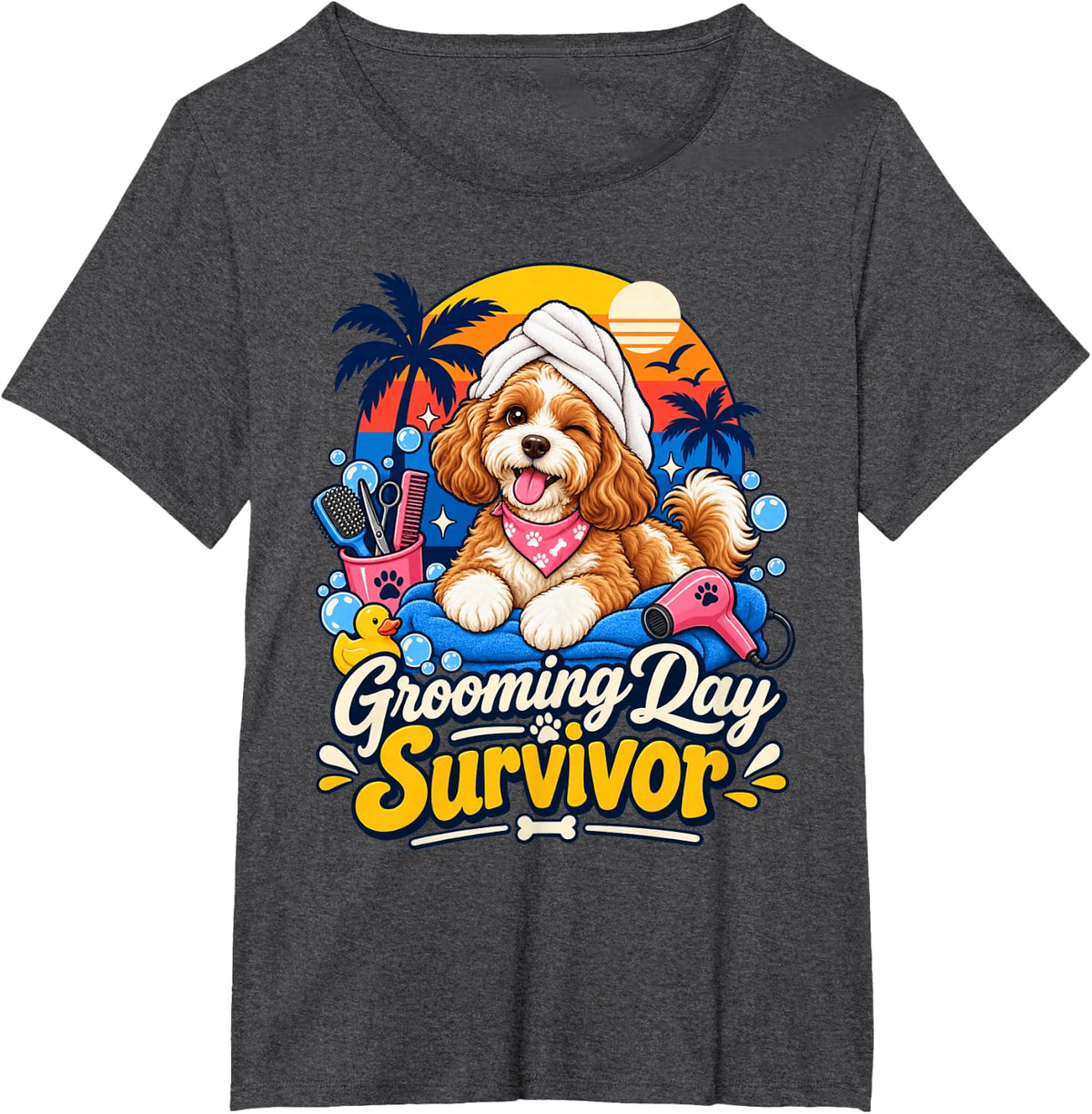 Grooming Day Survivor Cavapoo Dog Groomer Dog Mom Cavapoo T-Shirt - Dark Heather Grey