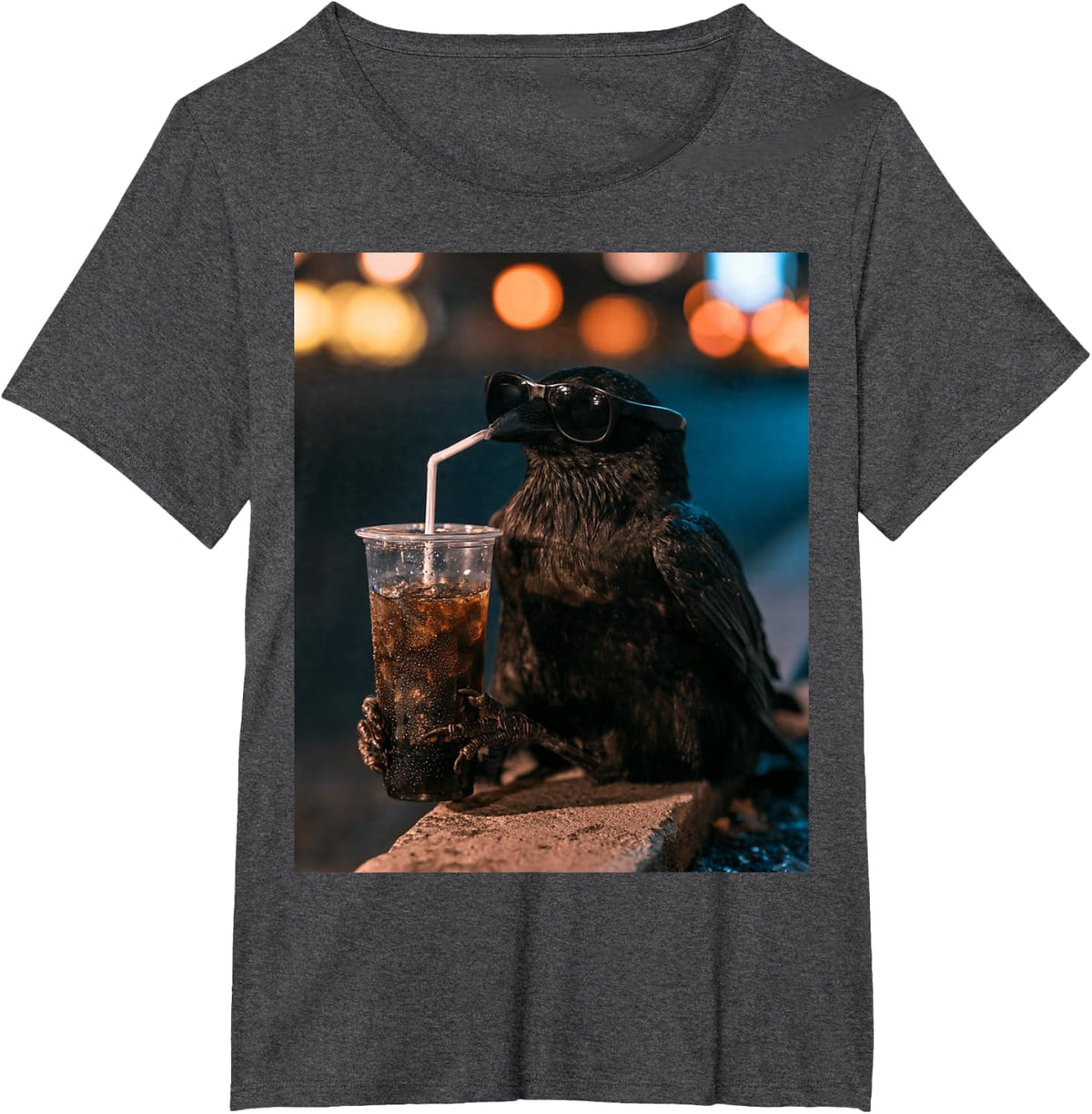 Crow Drinking Iced Coffee Wearing Sunglasses Meme T-Shirt - Dark Heather Grey