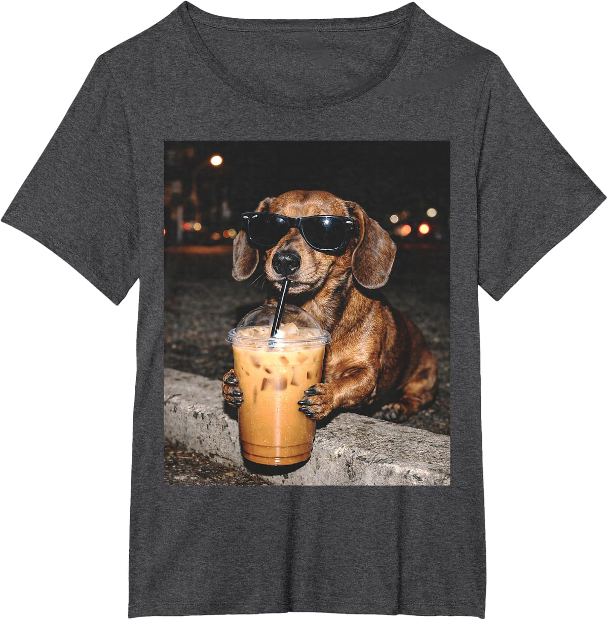 Dachshund Drinking Iced Coffee Funny Dachshund Dog Lover T-Shirt - Dark Heather Grey