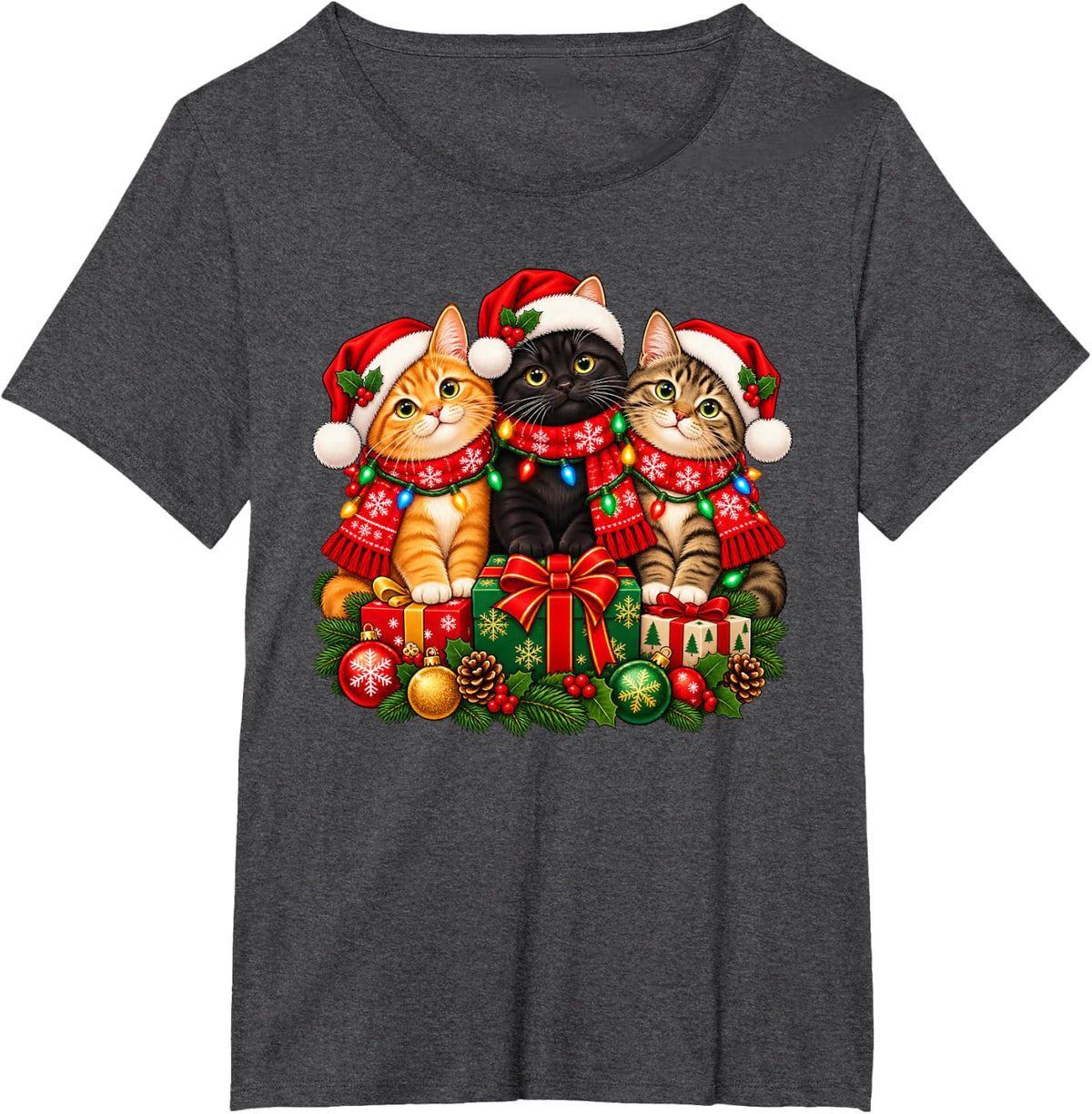 Cat Christmas Xmas T-Shirt - Dark Heather Grey
