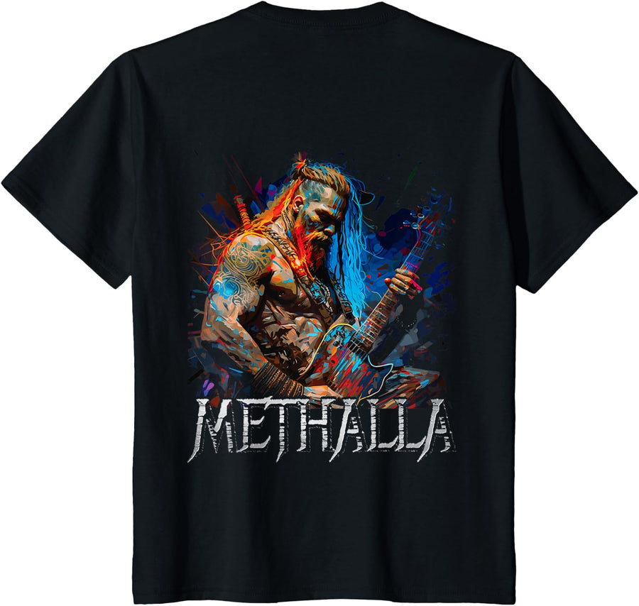 Viking Guitarist Heavy Metal Rock Music "METHALLA" BACKPRINT T-Shirt - Black