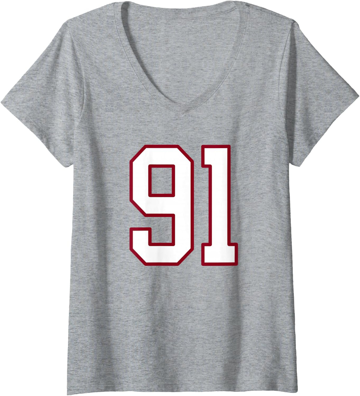 Women's Maroon and White Number 91 Jersey Player Uniform #91 V-Neck T-Shirt - Heather Grey