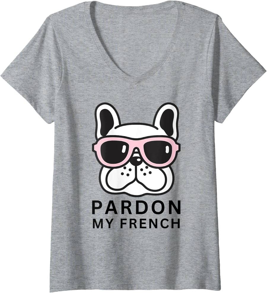 Womens Pardon My French - Funny Frenchie French Bulldog In Shades V-Neck T-Shirt - Heather Grey