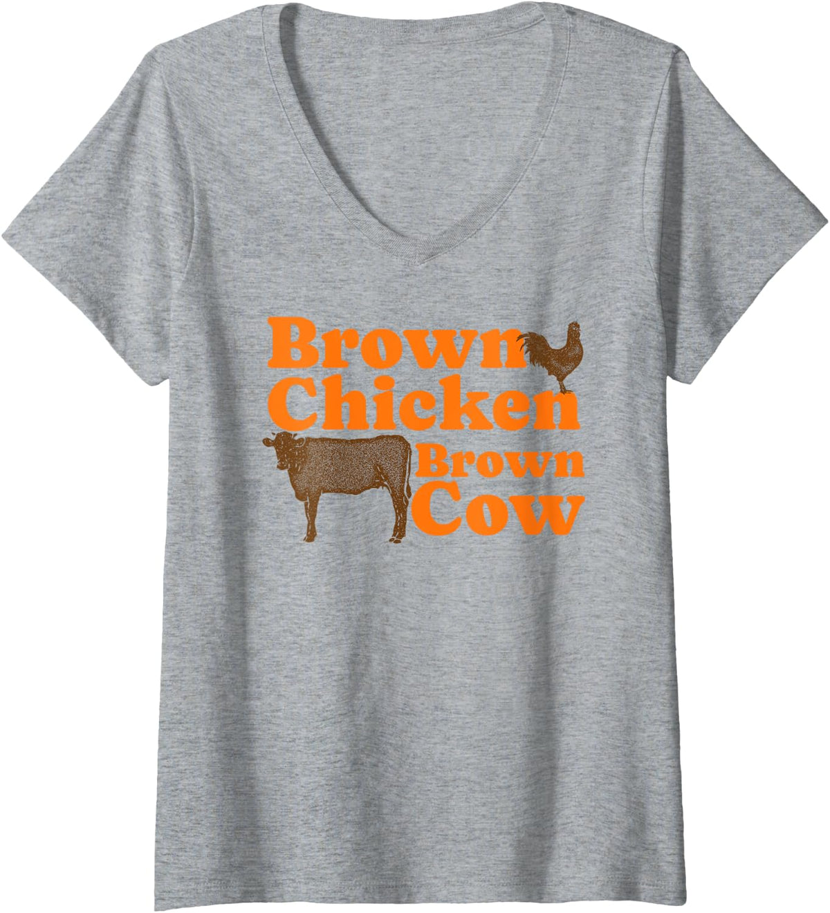 Womens Brown Chicken Brown Cow Retro Music Bow Chicka Wow Wow Joke V-Neck T-Shirt - Heather Grey