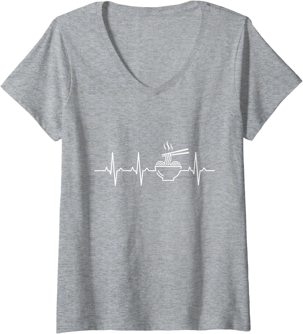 Women's Ramen Heartbeat EKG Japanese Noodle Lover Line Art V-Neck T-Shirt - Heather Grey