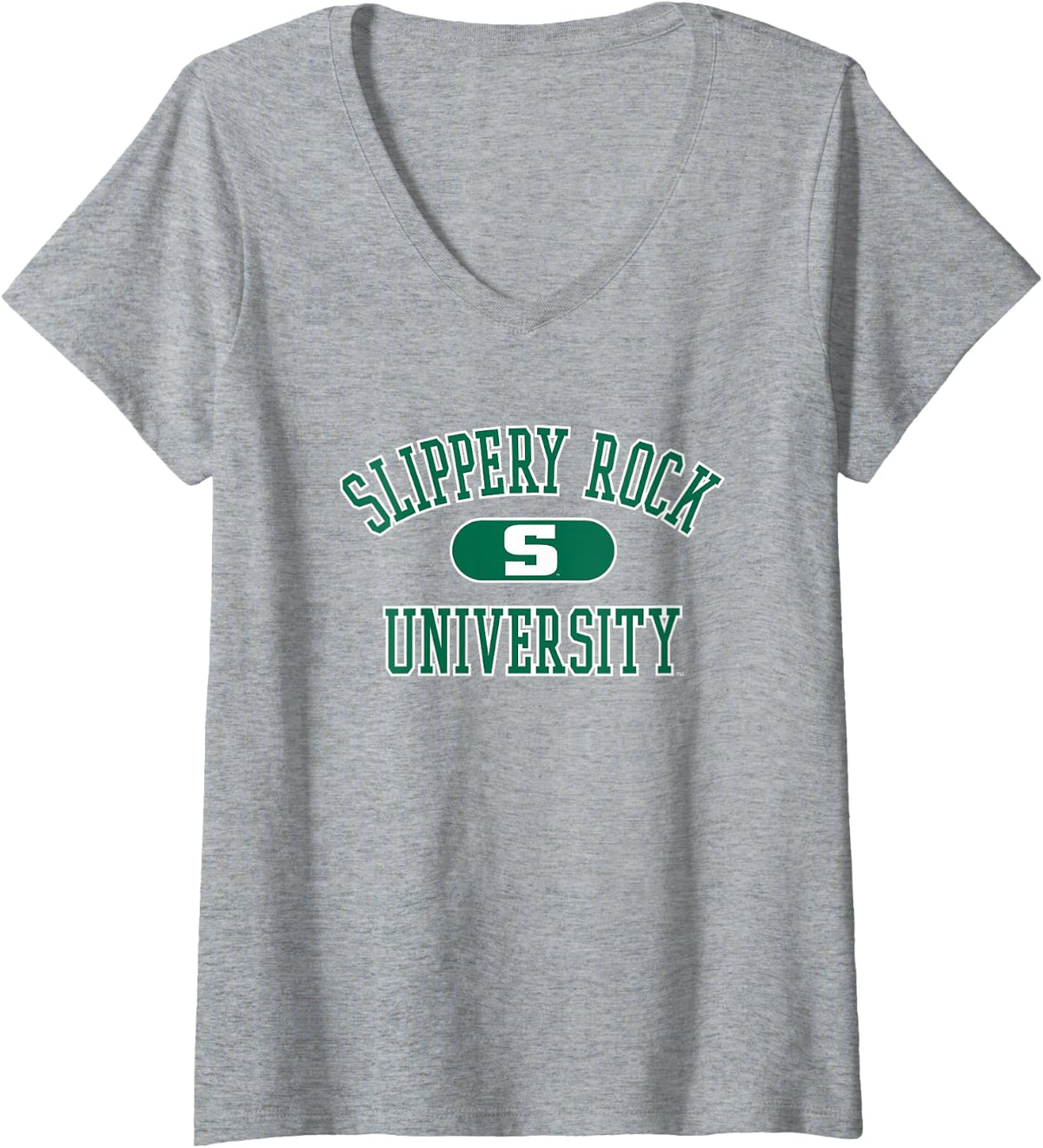 Womens Slippery Rock The Rock Varsity Logo Officially Licensed V-Neck T-Shirt - Heather Grey