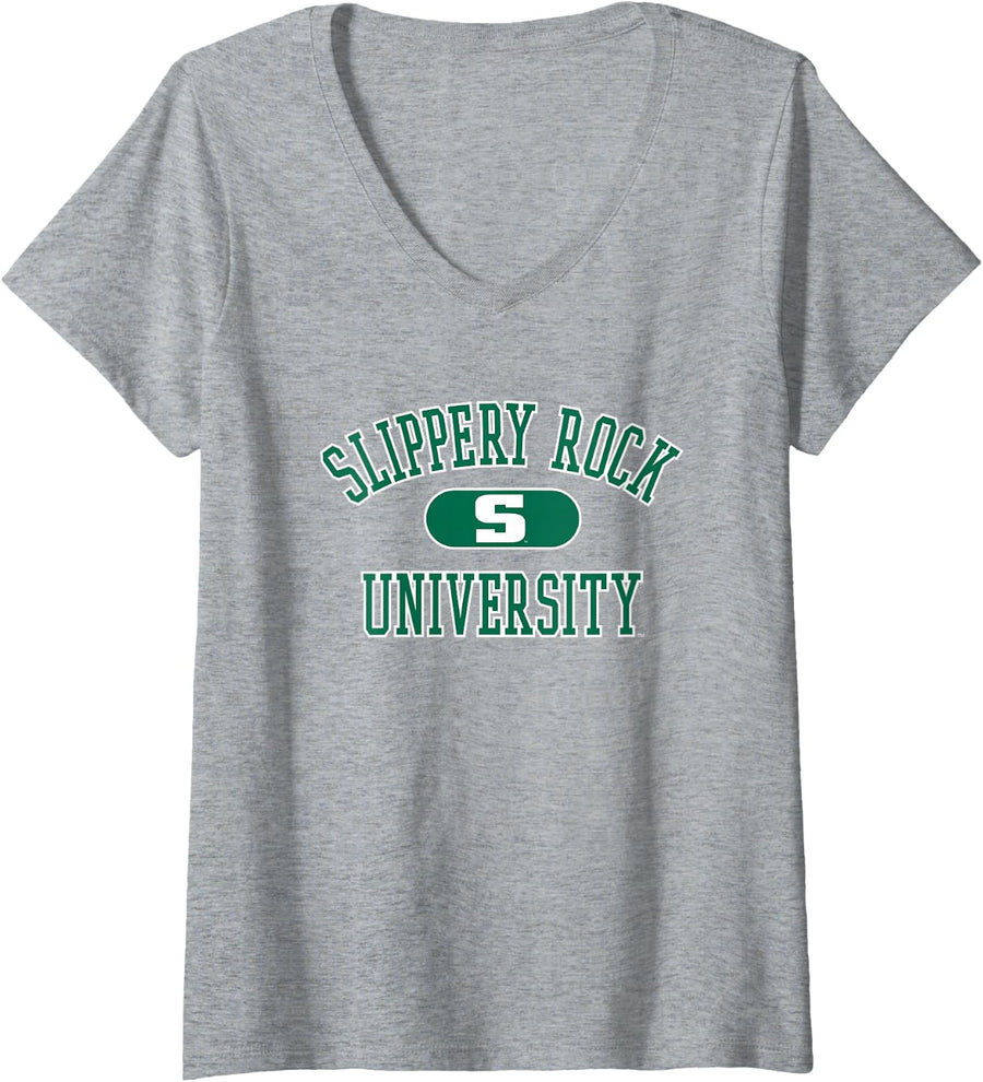 Womens Slippery Rock The Rock Varsity Logo Officially Licensed V-Neck T-Shirt - Heather Grey