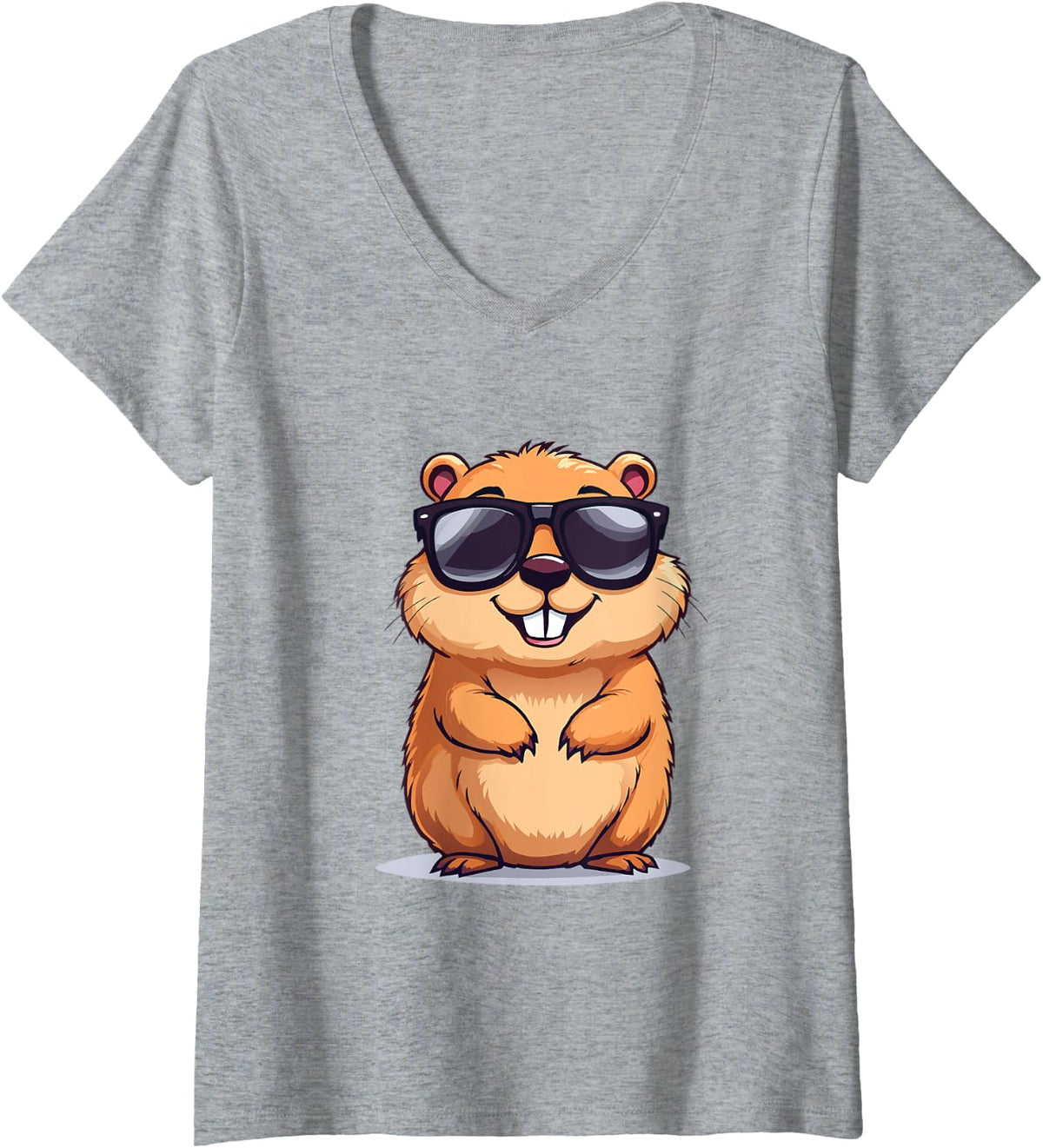 Womens Happy Groundhog Day Ground Hog With Hat Animal Lover Tee V-Neck T-Shirt - Heather Grey