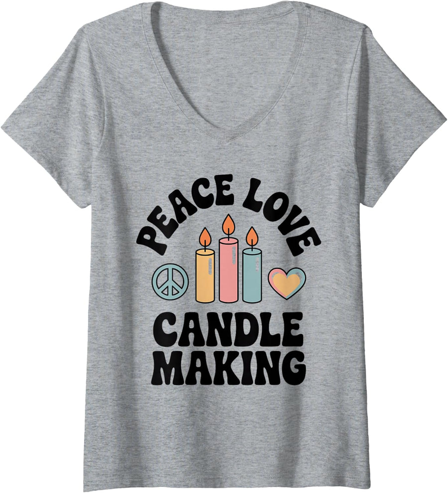 Women's Peace Love Candle Making Funny Candle Maker V-Neck T-Shirt - Heather Grey
