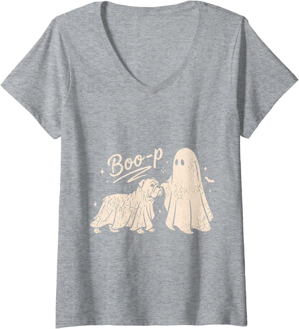 Women's Funny Spooky Season Bulldog Halloween Boo-P Ghost Dog V-Neck T-Shirt - Heather Grey