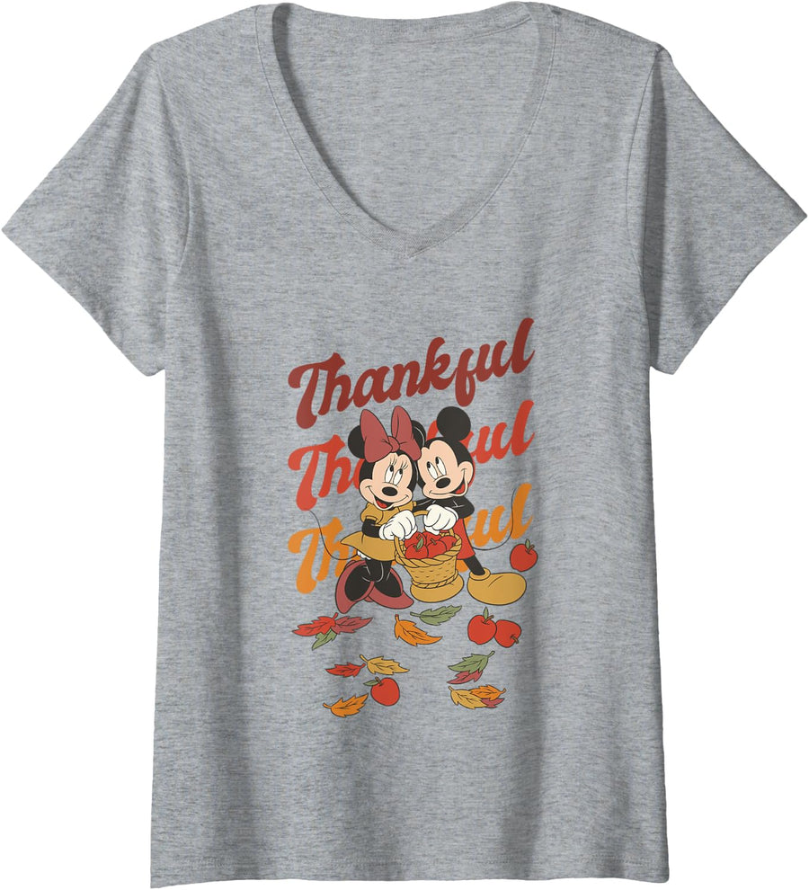 Disney Mickey And Friends Thanksgiving Classic Thankful Duo V-Neck T-Shirt - Heather Grey
