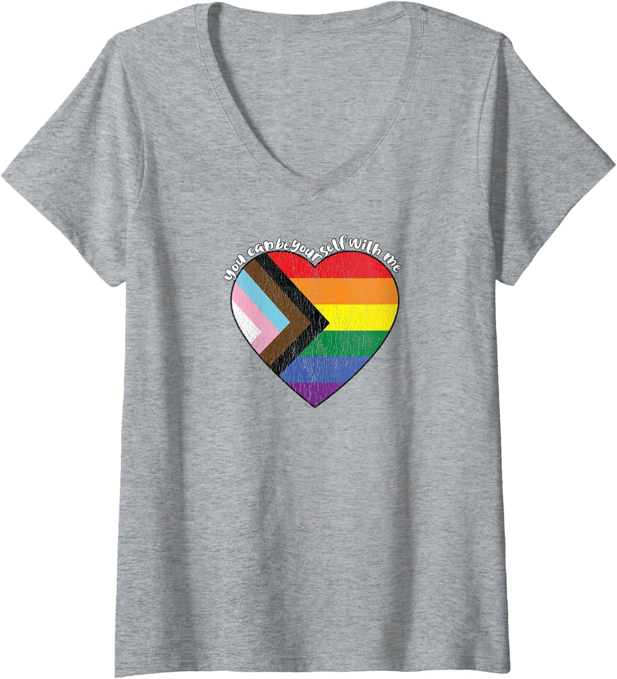 Women's Pride Safe Space Heart LGBTQ+ You Can Be Yourself With Me V-Neck T-Shirt - Heather Grey