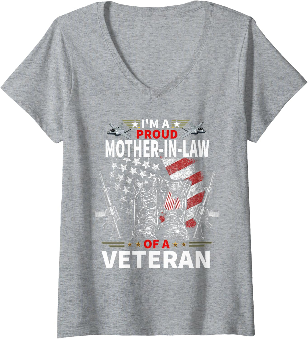 Women's I'm A Proud Mother-in-Law of A Veteran Veteran's Day Womens V-Neck T-Shirt - Heather Grey
