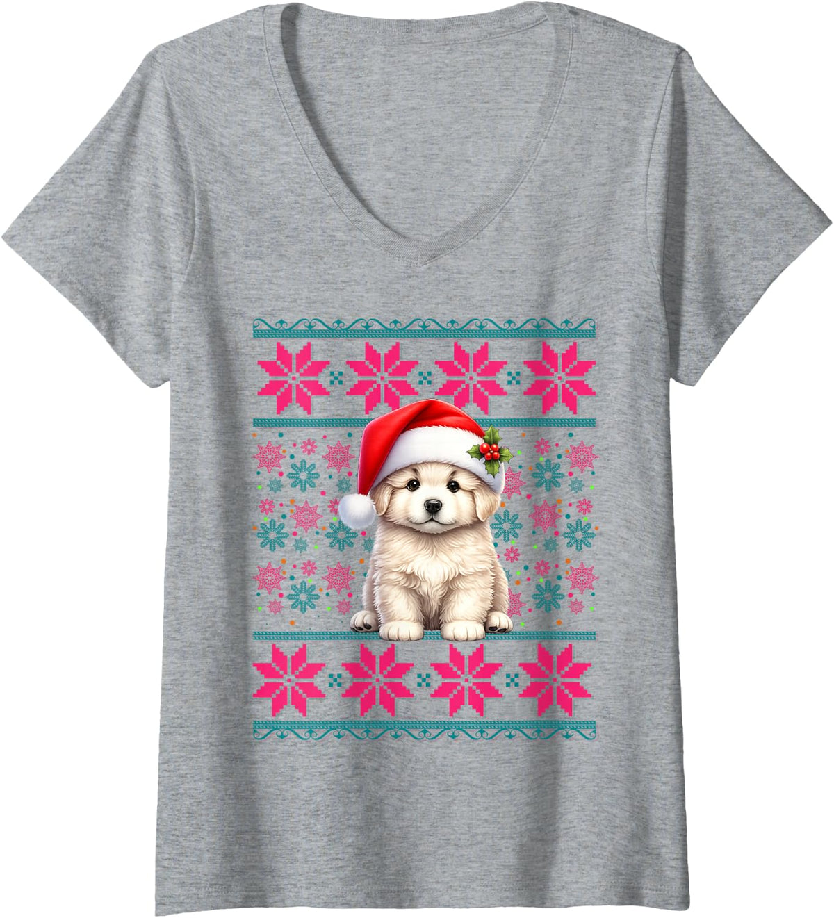 Women's Santa Ugly Christmas Pajama Women Girls Great Pyrenees Dog V-Neck T-Shirt - Heather Grey