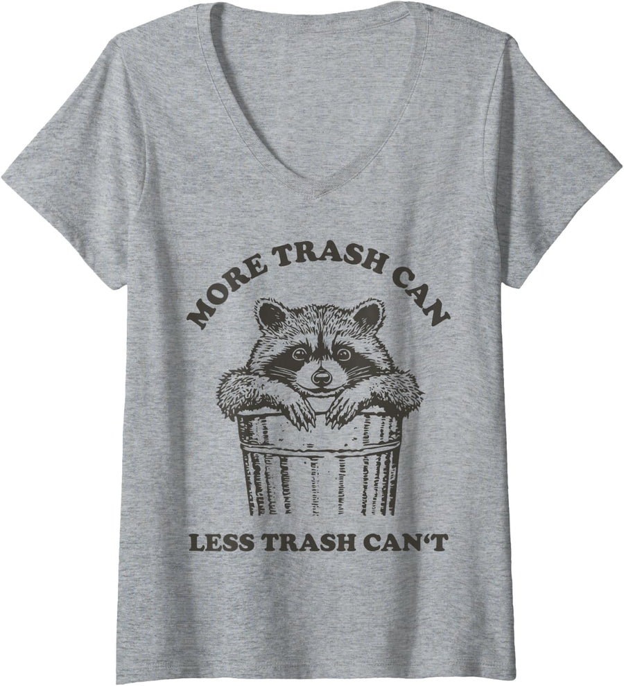 Women's More Trash Can Less Trash Can't Retro Humor Funny Raccoon V-Neck T-Shirt - Heather Grey