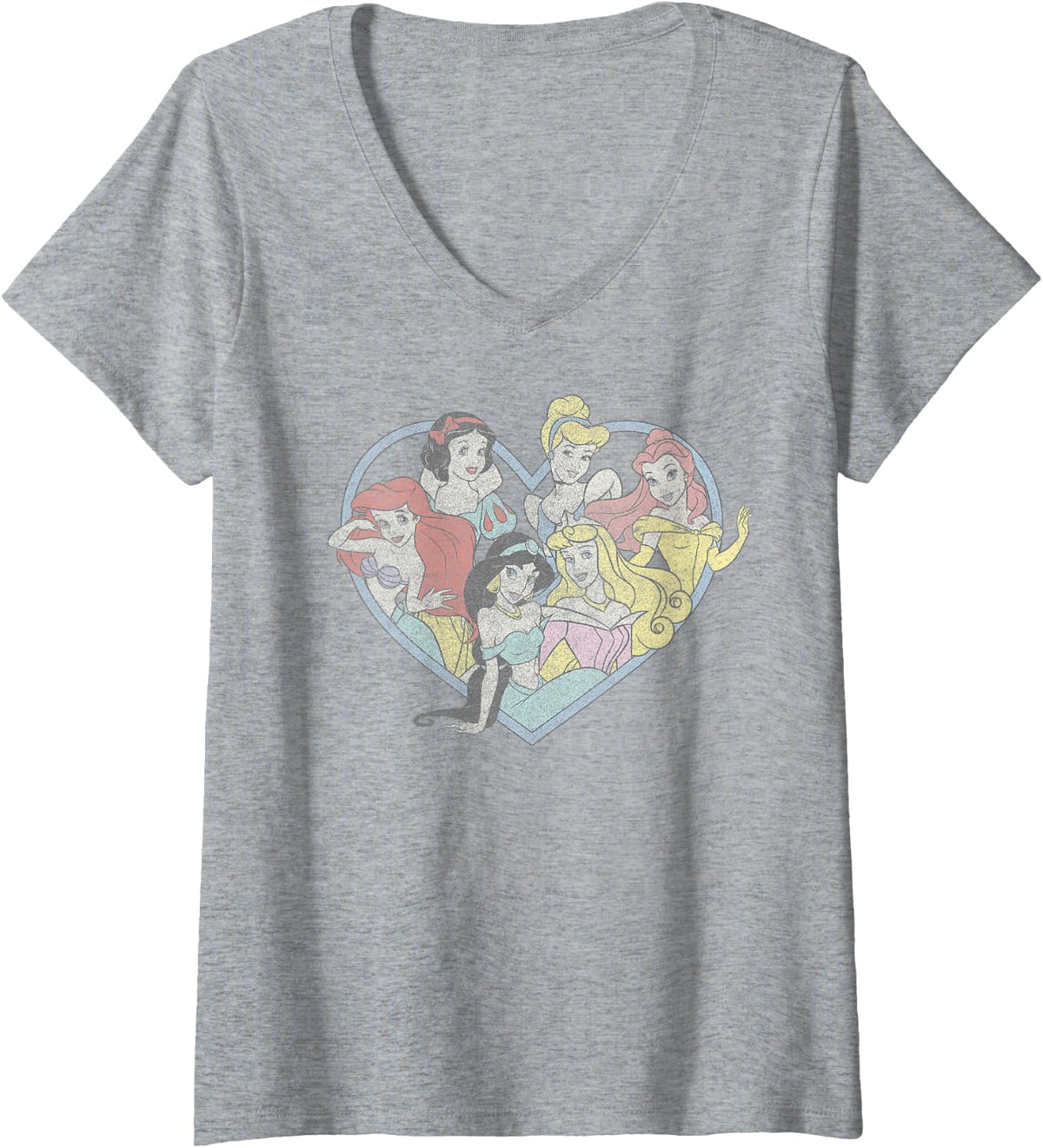 Womens Disney Princess Valentine's Day Vintage Heart Group Shot V-Neck T-Shirt - Heather Grey