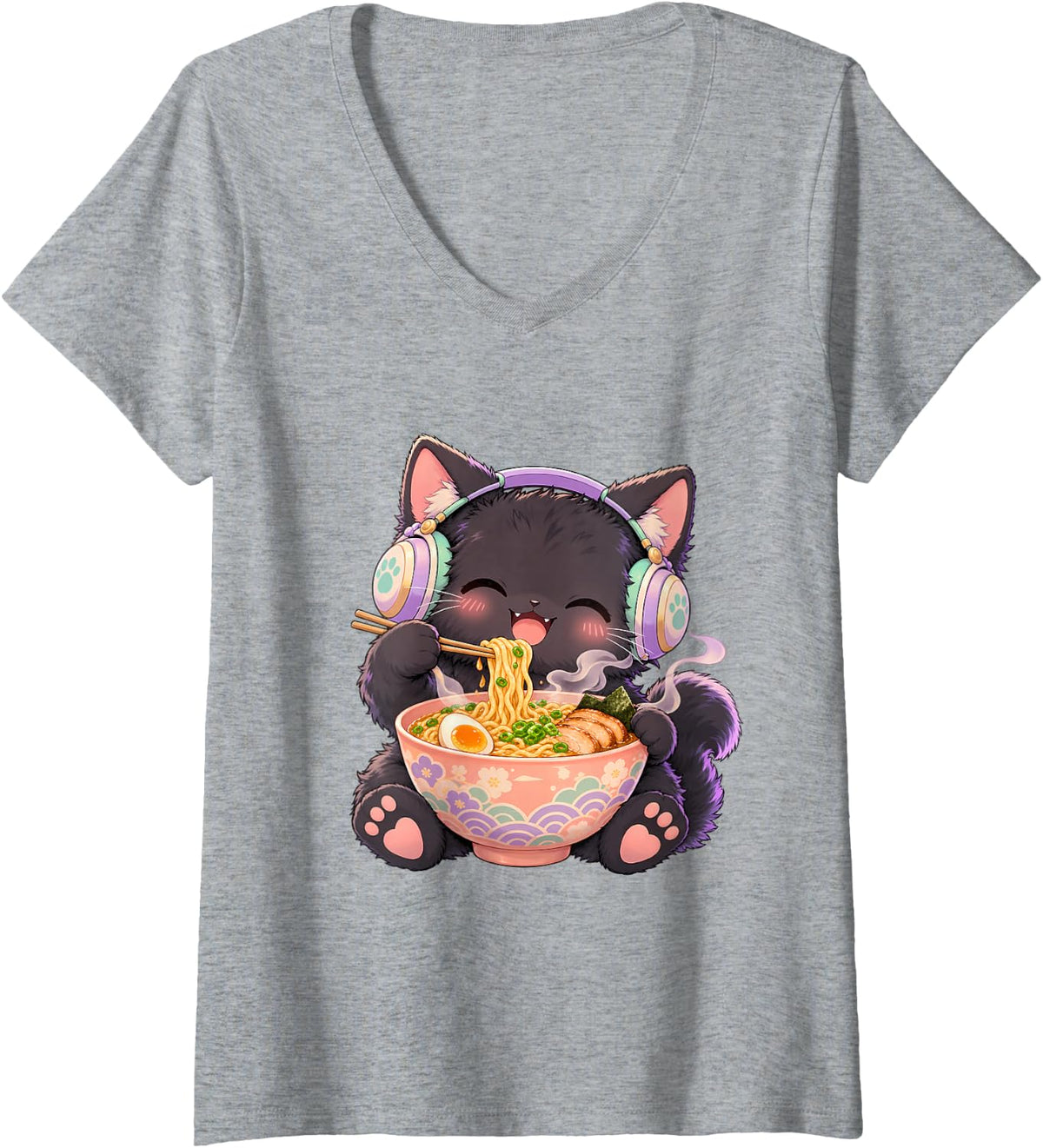 Women's Cute Kawaii Black Cat Eating Ramen Noodles Anime Art V-Neck T-Shirt - Heather Grey