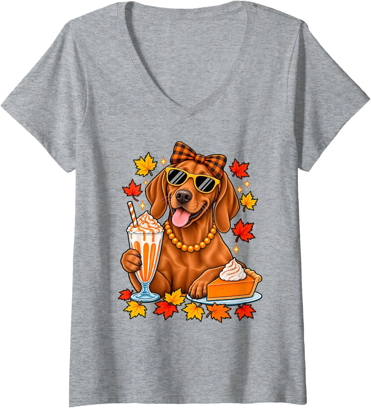 Women's Vizsla Dog Bow Fall Autumn Leaves Thanksgiving V-Neck T-Shirt - Heather Grey