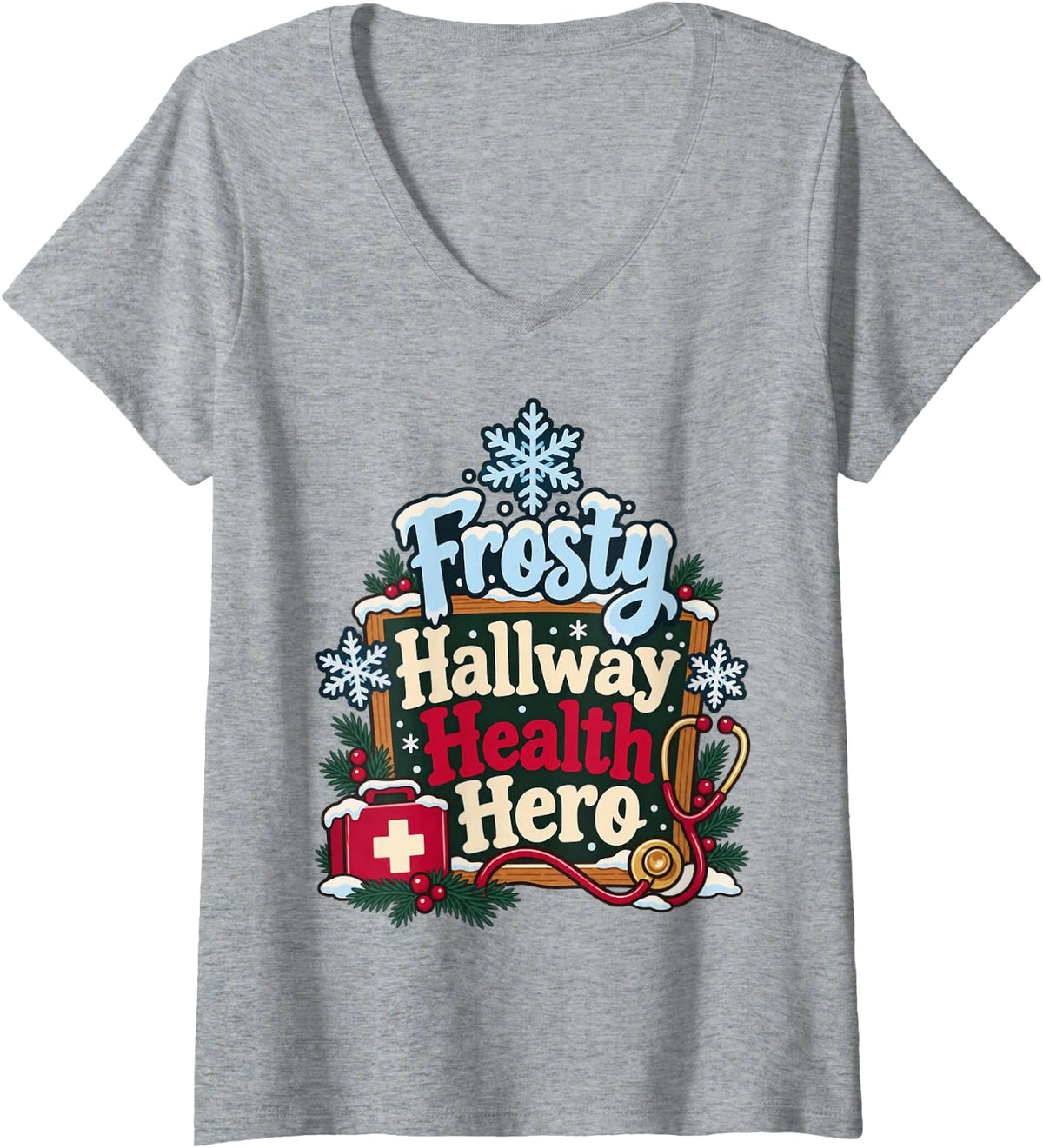 Women's School Nurse Winter Christmas Holiday Nursing Appreciation V-Neck T-Shirt - Heather Grey