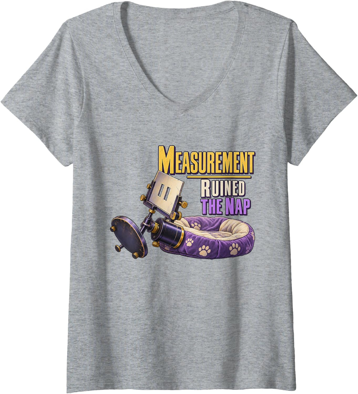 Women's Measurement Ruined The Nap Physics Humor Science Cat V-Neck T-Shirt - Heather Grey