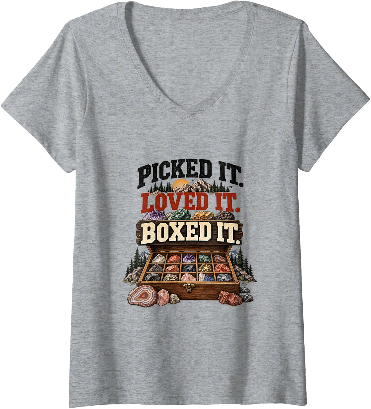 Women's Picked It Loved It Boxed It Rock Collector Rockhounding V-Neck T-Shirt - Heather Grey