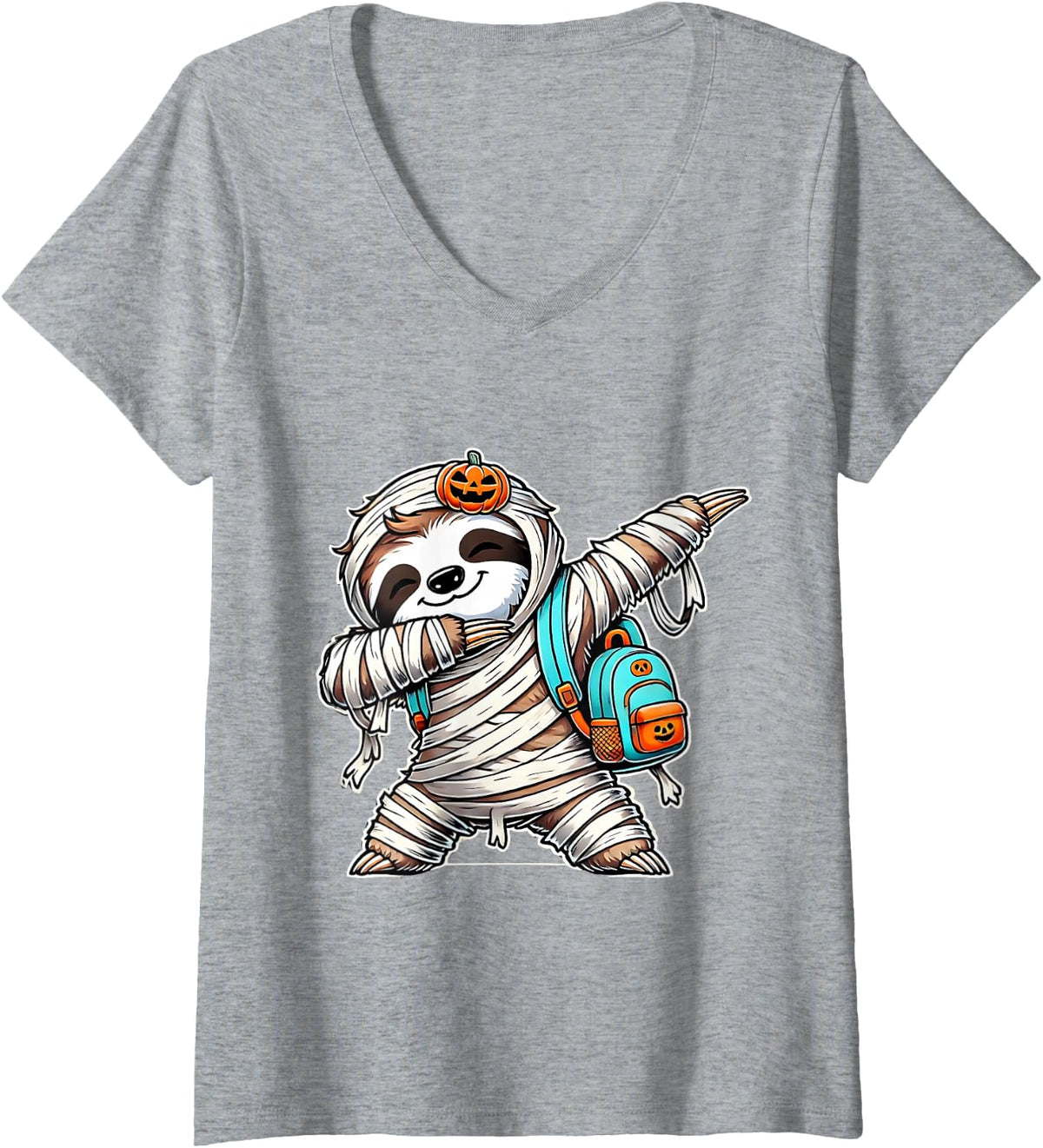 Women's Funny Dancing Sloth Dabbing Costumes Spooky Halloween Mummy V-Neck T-Shirt - Heather Grey