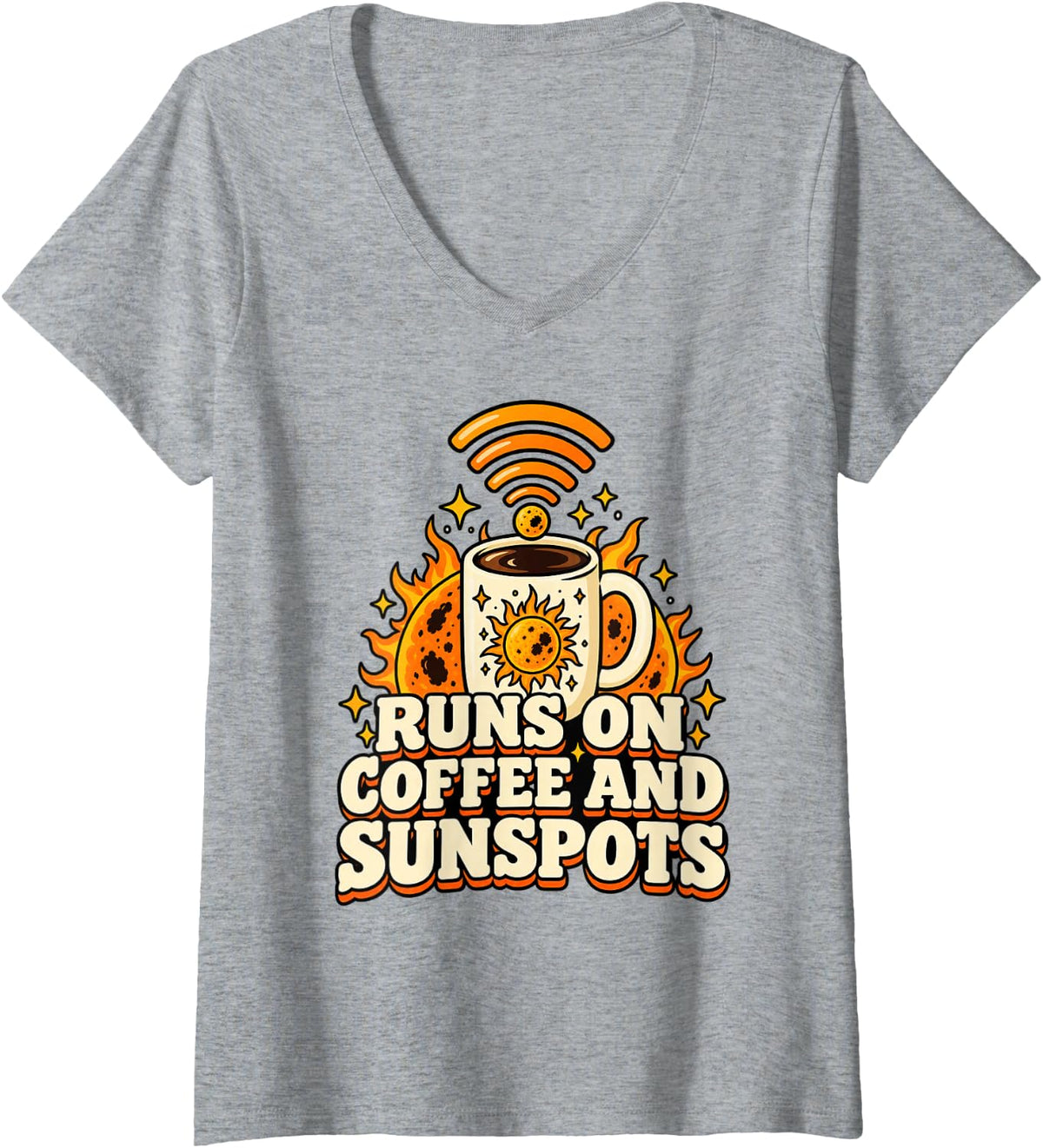 Women's Ham Radio Runs On Coffee and Sunspots Funny Operator V-Neck T-Shirt - Heather Grey