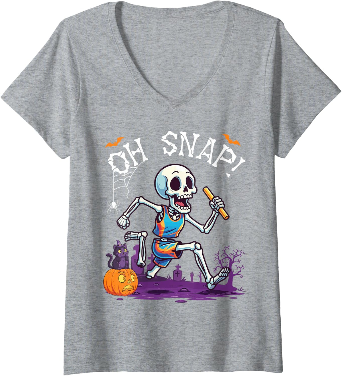 Women's Oh Snap Skeleton Playing Track and Field Spooky Halloween V-Neck T-Shirt - Heather Grey