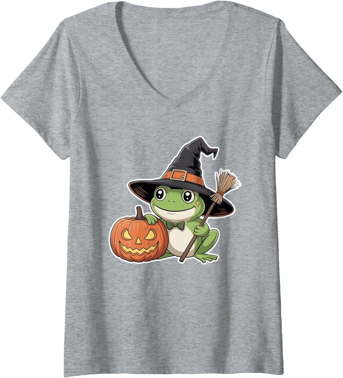 Women's Cute Frog Witch Pumpkin Halloween Spooky Season Design V-Neck T-Shirt - Heather Grey