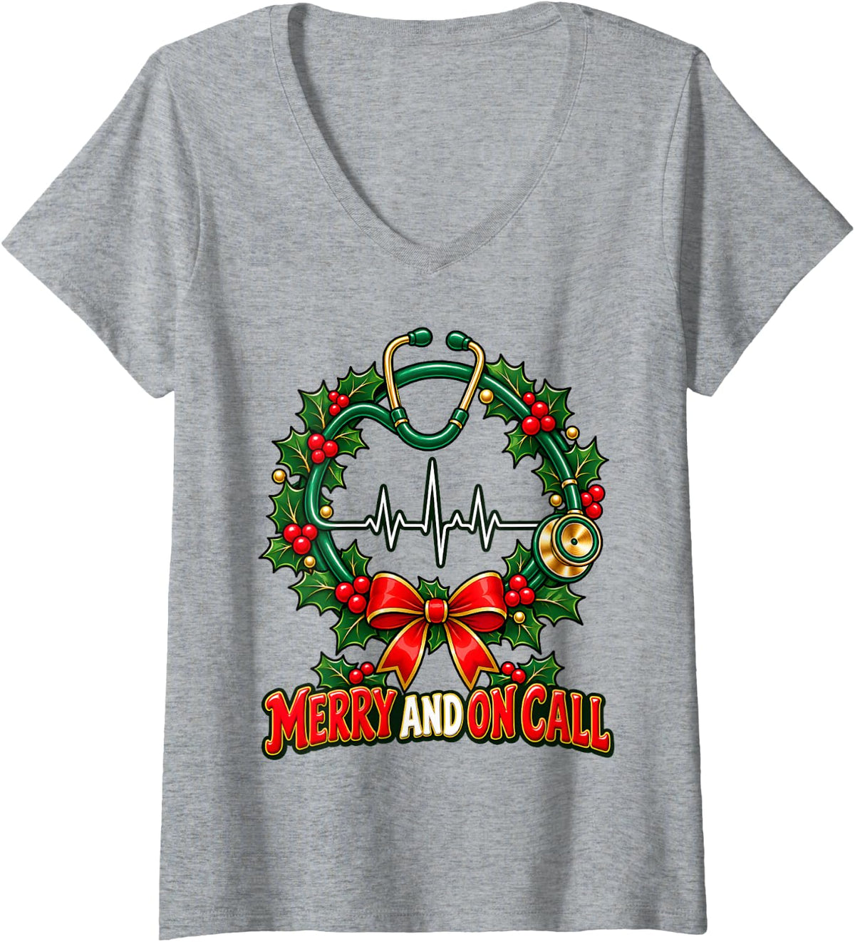 Women's Merry and On Call Christmas Nurse Stethoscope Wreath V-Neck T-Shirt - Heather Grey