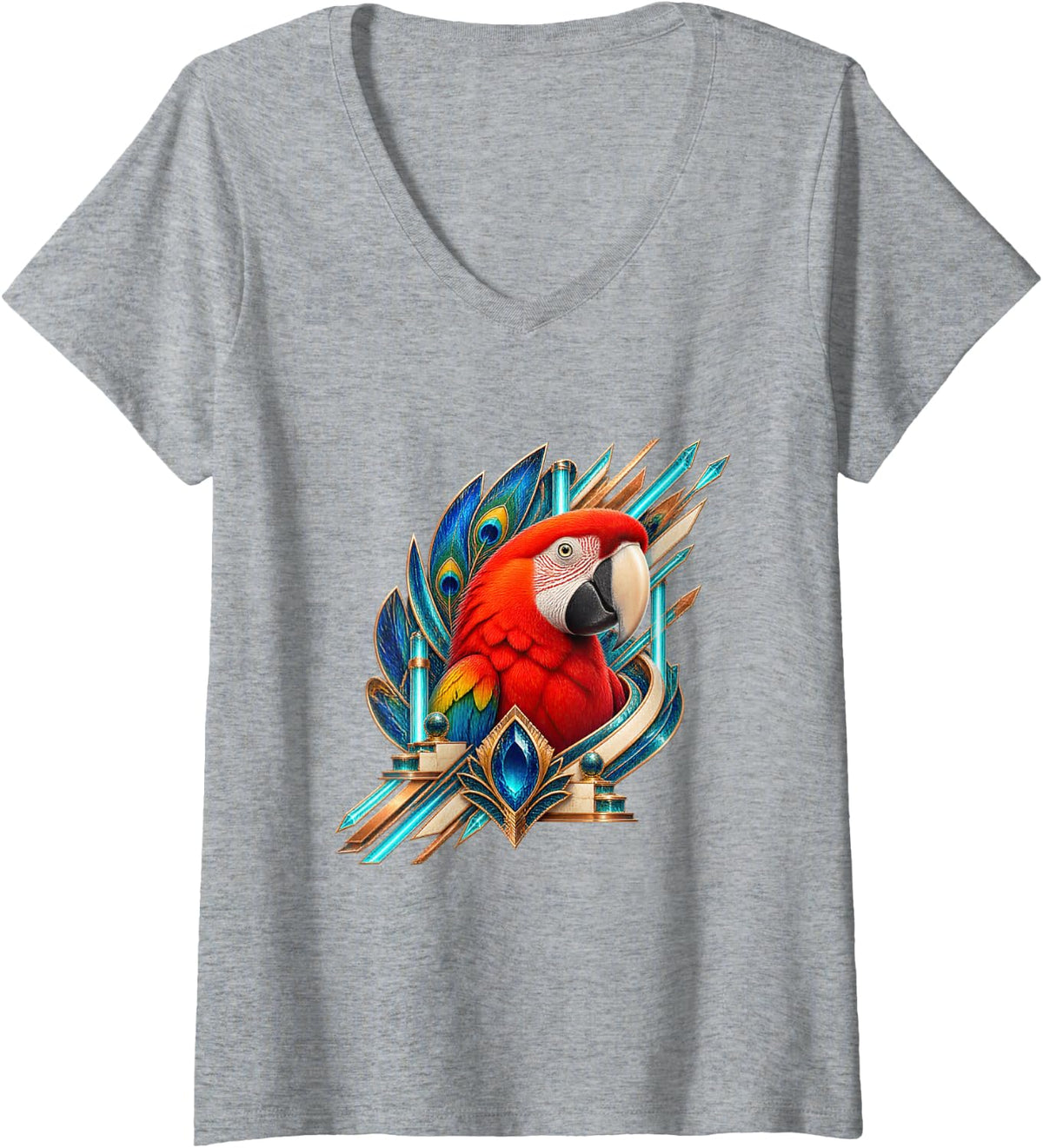 Women's Scarlet Macaw with Turquoise Feather Fans V-Neck T-Shirt - Heather Grey