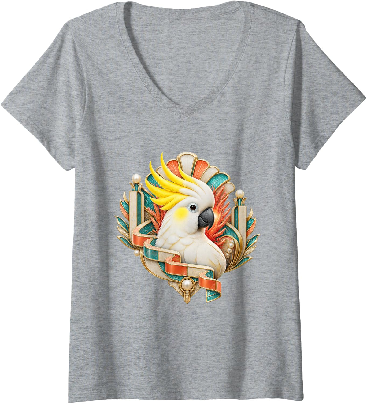 Women's Sulphur-Crested Cockatoo in Coral Deco Fan V-Neck T-Shirt - Heather Grey